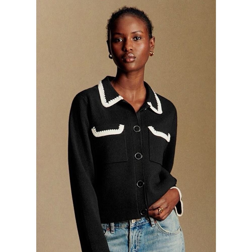 NWT Sézane Gilet Betty Wool Cardigan XXL Black Crochet Trim Button Front